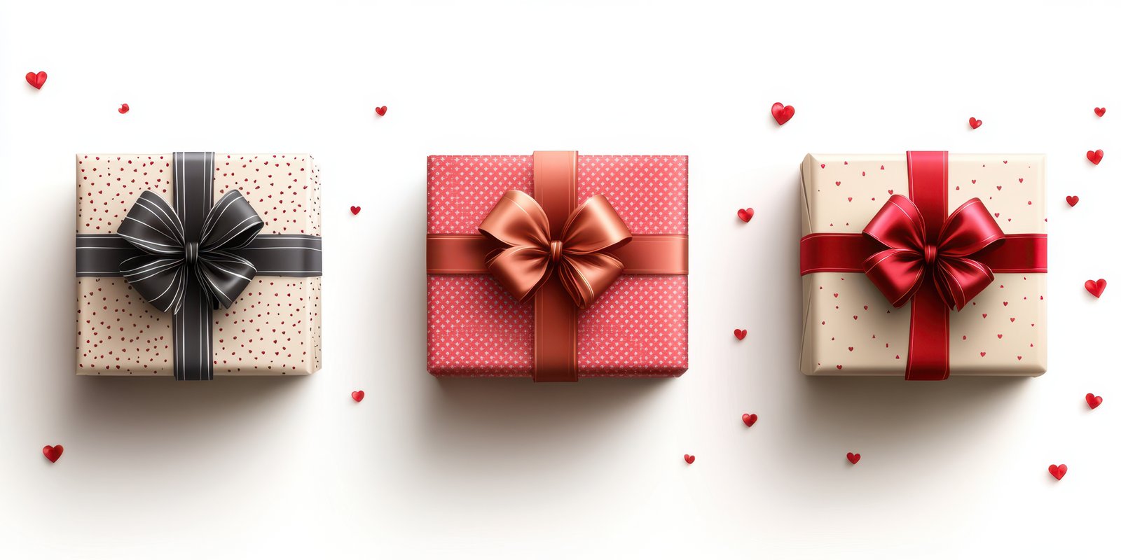 Colorful gift boxes with decorative bows and heart confetti on a white background for special occasions
